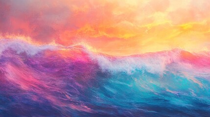 Glowing ocean waves at sunset, warm and vibrant, peaceful and serene, colorful sky, soft light reflections, relaxing and atmospheric