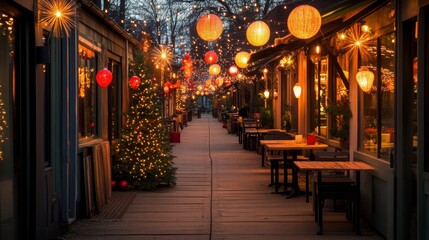 A magical Christmas scene unfolds with snow-covered trees and houses, festooned with ornaments and sparkling lights, reflected in the serene night sky