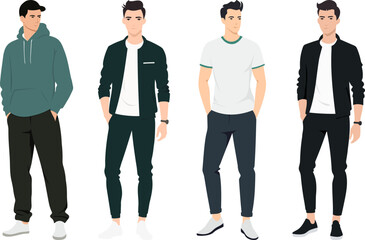 Obraz premium Four men in sporty and casual style. Outfits include hoodies, sweatpants, t-shirts and jackets. The main colors are black, gray, brown, green. An atmosphere of casualness and urban dynamics.