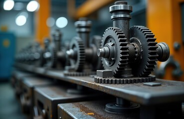 Industrial machine with intricate gears, metal parts. Metalworking machinery in motion ready for work. Factory scene showing precision metal parts in factory setting. Manufacturing process detail.