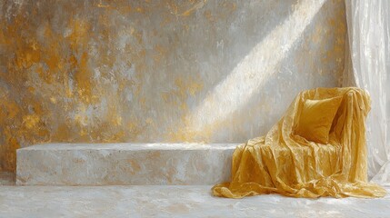 Sunlit room with textured wall, draped fabric, and platform.