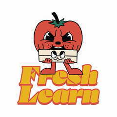 tomato holding book retro cartoon character illustration