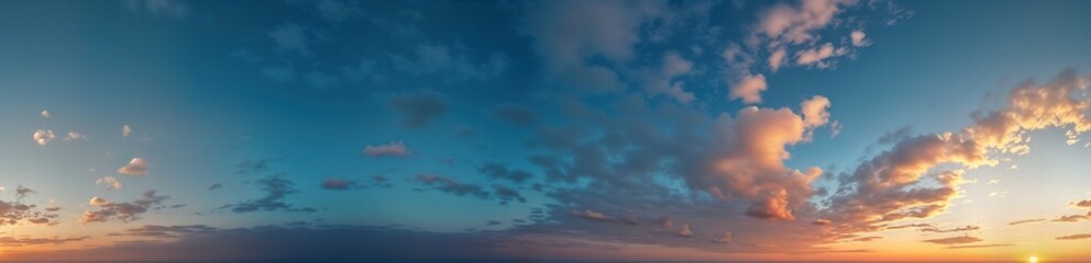 Fototapeta premium Dramatic sunrise panorama. Colorful sky with varied clouds. Scenic view suitable for 3D graphics drone photos. Beautiful sky view perfect for backgrounds in games aerial drone 360 degree panoramas.