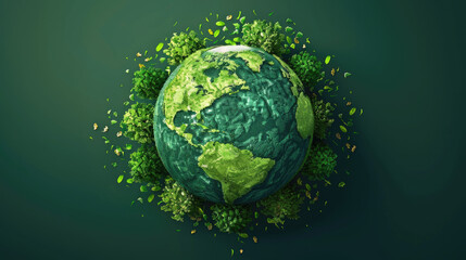 Fototapeta premium A green globe surrounded by lush trees symbolizes a sustainable and environmentally friendly future.Minimalistic festive green background for earth day