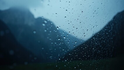 rainy mountain view from a window, gloomy weather view