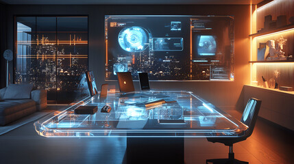 A futuristic home workspace with a transparent desk