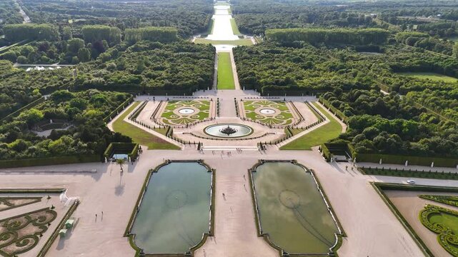 Aerial shot of Palace of Versailles gardens in Versailles, France