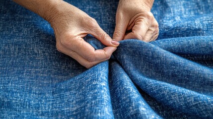 Woman Hands Working with Blue Fabric: Craftsmanship, Texture, Detail for Textile Design.