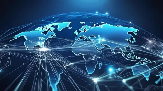 Digital network expansion across global map with emerging light connections