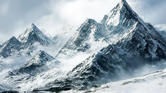Majestic snow-covered mountains rise under a cloudy sky in a breathtaking natural landscape