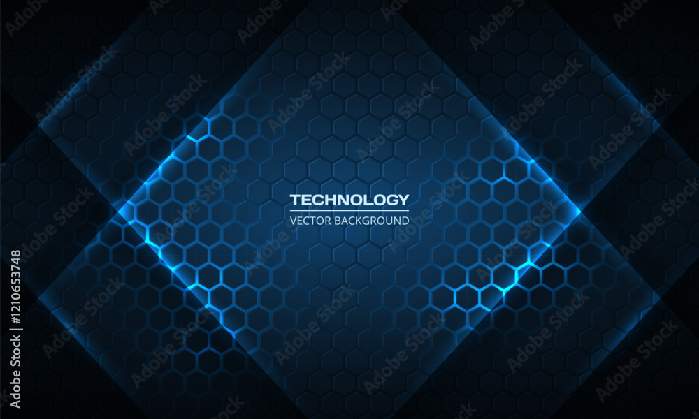 Poster hexagon gaming tech abstract vector background with blue colored bright energy flashes. vector illus