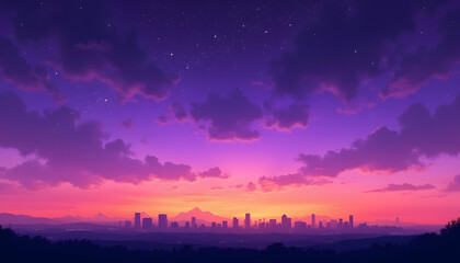 Fototapeta premium City skyline at sunset with vibrant purple and orange hues