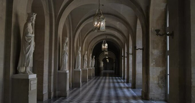 Long corridor inside the Palace of Versailles (Chateau de Versailles), France