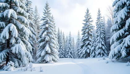 Fototapeta premium Winter snow-covered pine trees in serene forest landscape