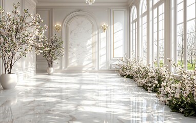Fototapeta premium Sunlit elegant white interior with flowering trees.