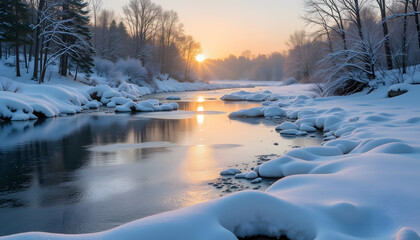 Winter sunrise over snow-covered river landscape