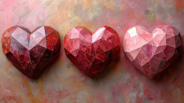 Three low-poly hearts in red, pink hues on textured background.