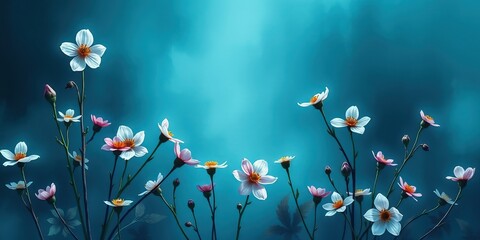 Delicate blooms rise gracefully against a tranquil blue backdrop, embodying the essence of spring with their vibrant colors and gentle elegance, inviting a sense of peace