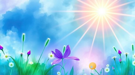 Fototapeta premium A colorful spring landscape displays blossoming flowers under a bright sun. Lush greenery frames the scene, creating a tranquil and cheerful ambiance filled with life