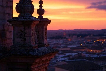 Obraz premium A panoramic view of the city skyline at sunset, taken from a tower's perspective