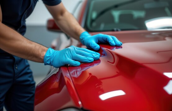 Person in blue gloves applies car protection film on red car fender. Pro auto service shown. Close up view of skilled mechanic working on automobile. Modern auto maintenance in progress. High quality