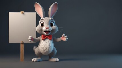 Obraz premium 3D cute rabbit cartoon holding blank sign. 3D cartoon background. Suitable for banners, signs, logos, sales, discount, product promotions, etc. Generative AI