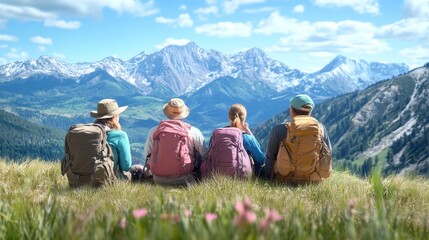 Fototapeta premium Group of hikers enjoying a panoramic mountain view during a sunny day in the countryside