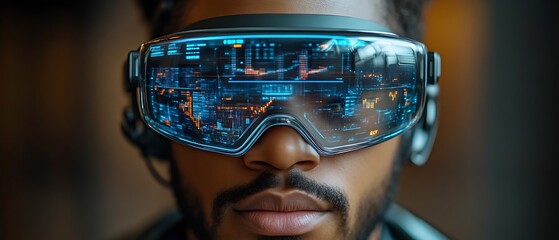 Man wearing futuristic smart glasses displaying data.