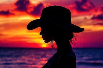 Stunning Silhouette of a Woman Wearing a Hat at Sunset