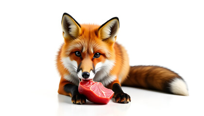 Obraz premium Fox eating meat against a white background