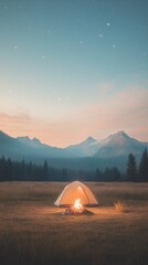 Camping in the mountains at dusk with a warm fire and a glowing tent under the clear sky
