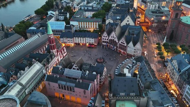 Aerial view of Romerberg at night, Frankfurt, Germany