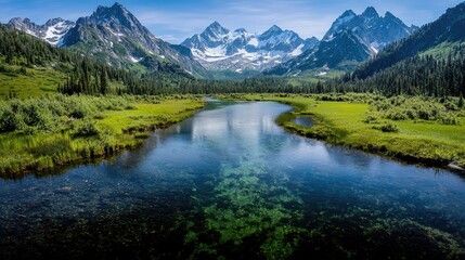 Fototapeta premium Majestic mountain range reflected in tranquil river, lush green valley, scenic landscape, nature background, travel photography