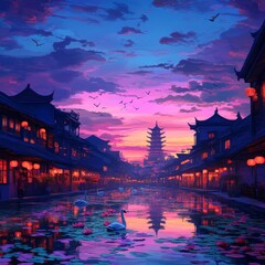 Obraz premium The early morning light bathes a serene Asian village, showcasing a canal, swans, blooming cherry blossom trees, and the picturesque traditional houses