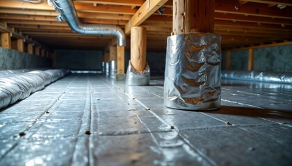 Crawl space insulated with reflective blankets. Basement air control using dimple board. Modern residential home improvement. Thermoregulatory blankets for energy efficiency. Damp prevention