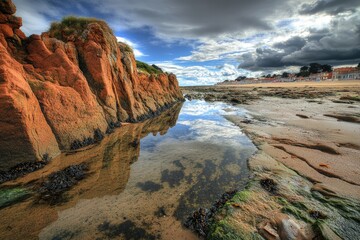 Obraz premium A scenic image of a rocky beach with waves crashing against the shore