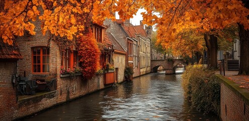 A serene autumn scene of a European canal with buildings and orange foliage