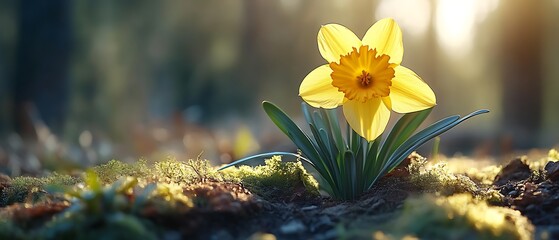 Single yellow daffodil blooming in mossy forest.