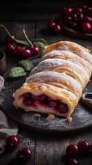 Vertical cherry strudel with powdered sugar