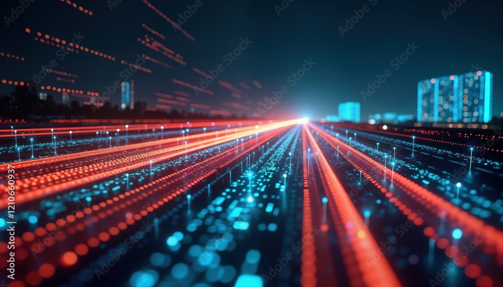Poster fast digital data transfer on road at night in city. tech stream flows on urban road. global communi