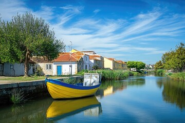 Obraz premium A yellow and blue boat sits on the surface of a calm river, perfect for a serene atmosphere or scenic backdrop