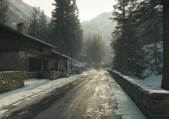 Fototapeta premium Tilt-Shift Photography of a Charming Wooden Cabin in the Majestic Mountain Range
