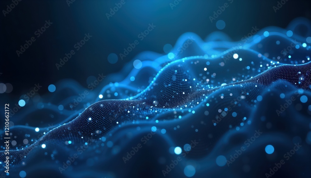 Fototapete abstract digital illustration of network mesh structure. blue light particles form wavy patterns res