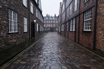 A narrow cobblestone street with a brick building on the left