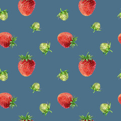 Watercolor seamless strawberry pattern. Strawberry garden, botanical illustration, pattern of bushes and berries.