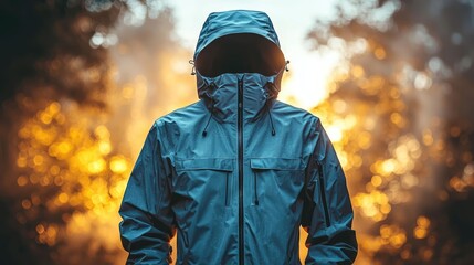 Mysterious figure in a hooded jacket standing amidst a foggy forest at sunset, evoking intrigue and exploration