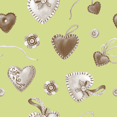 Watercolor seamless pattern of handmade hearts. Seamless pattern for wedding or Valentine's day.