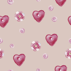 Watercolor seamless pattern of handmade hearts. Seamless pattern for wedding or Valentine's day.