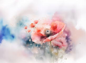 Fototapeta premium A watercolor painting of poppies in soft pink and red hues against a dreamy, blurred background of blue and purple washes. Delicate details and subtle color transitions create a serene atmosphere.