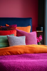Modern bedroom with dark blue headboard and vibrant, colorful pillows and bedding